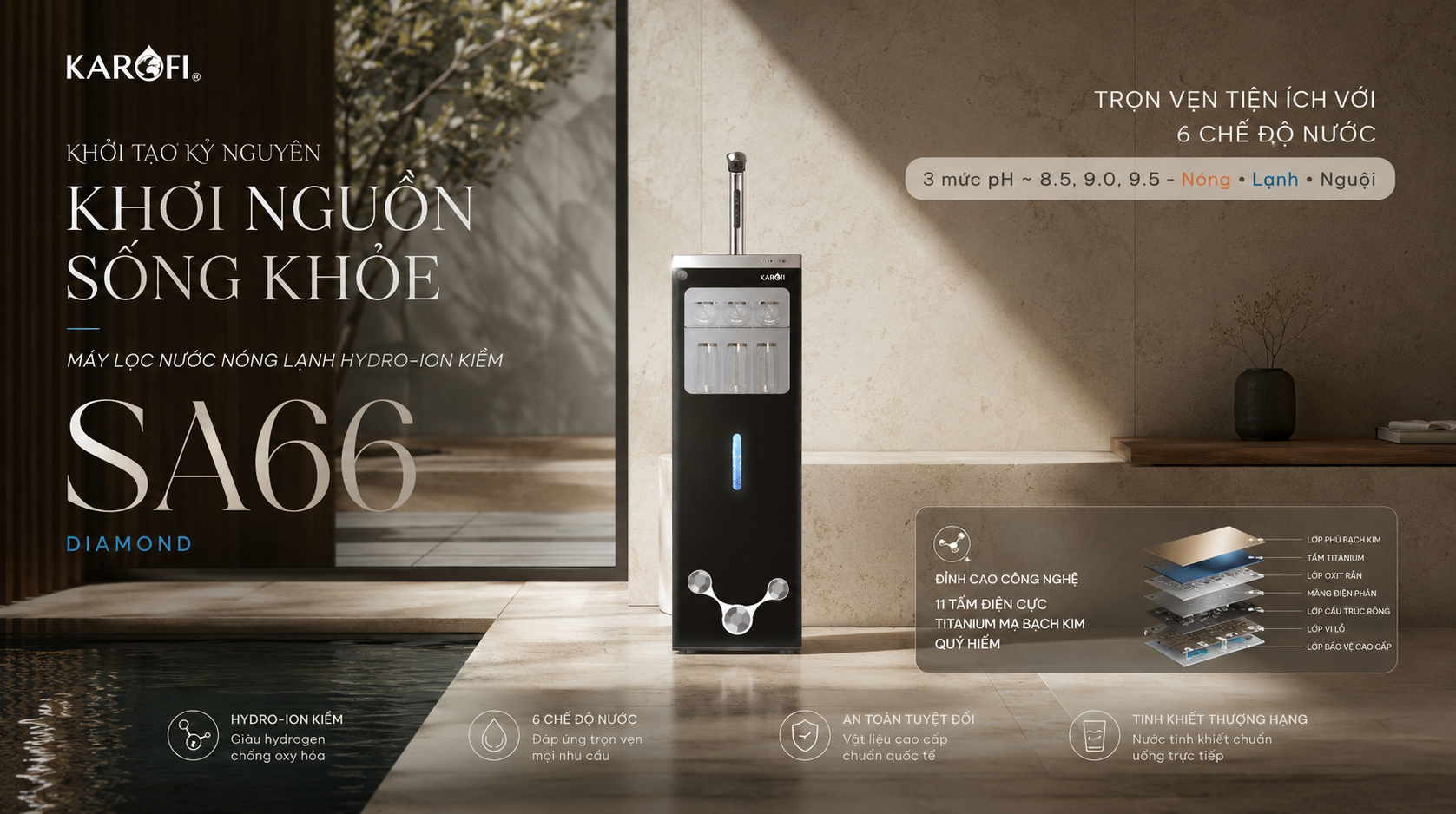 Máy lọc nước nóng lạnh Hydro-ion kiềm Karofi Diamond SA66