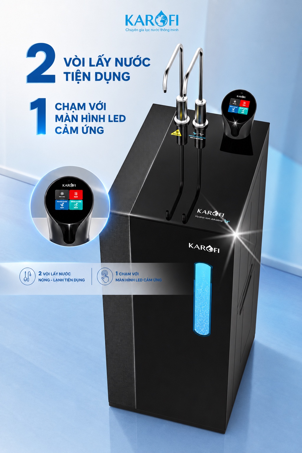 Hai vòi lấy nước và màn hình cảm ứng Karofi KAE-S86 Pro