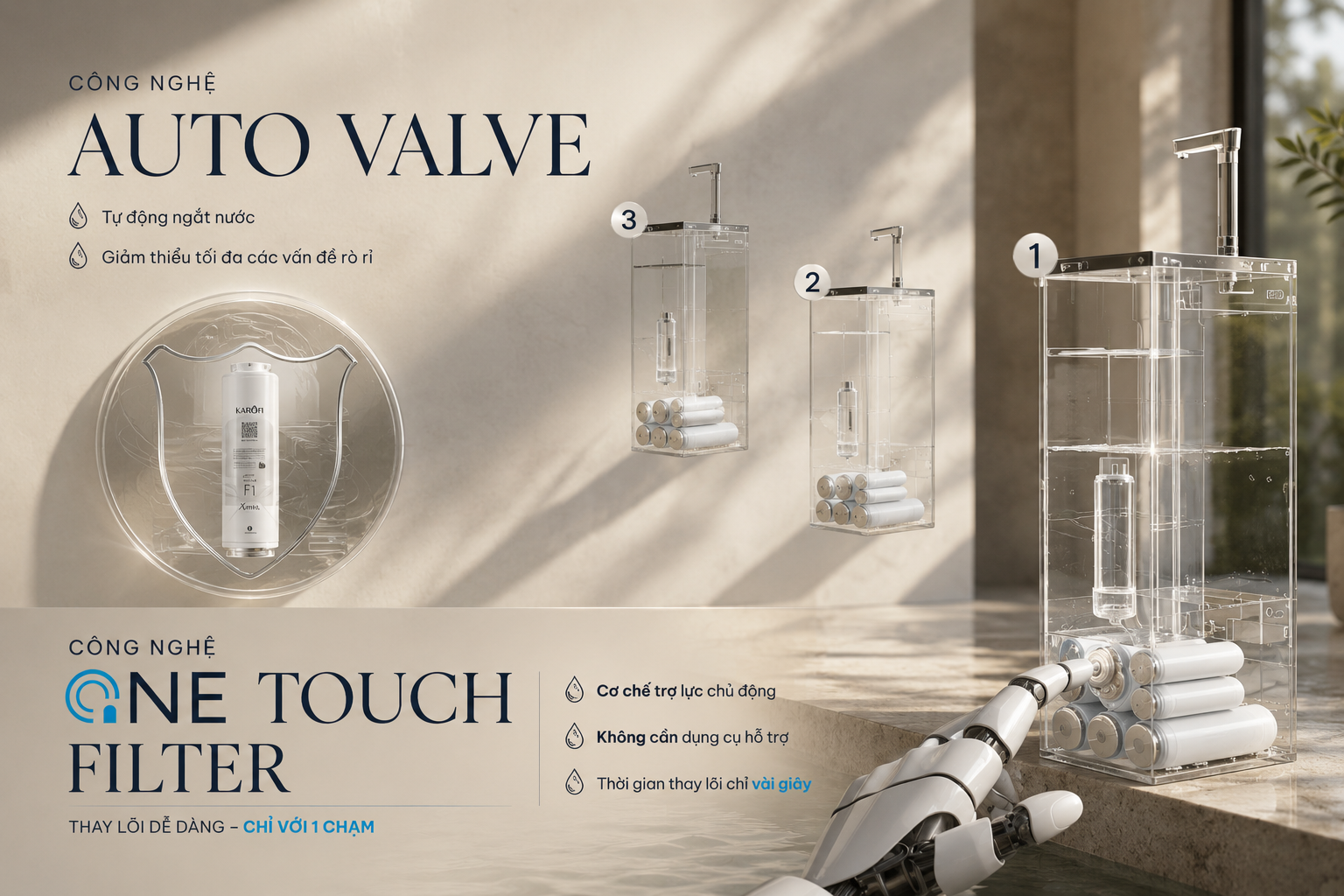 Công nghệ Auto Valve và One Touch Filter Karofi Diamond SA66